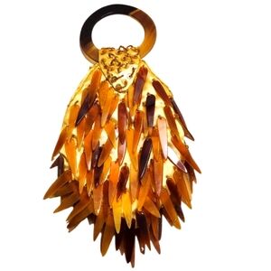 VINTAGE TWISTED ORCHID SATIN HANDBAG WITH GENUINE HORN HANDLE FEATHER DETAIL
